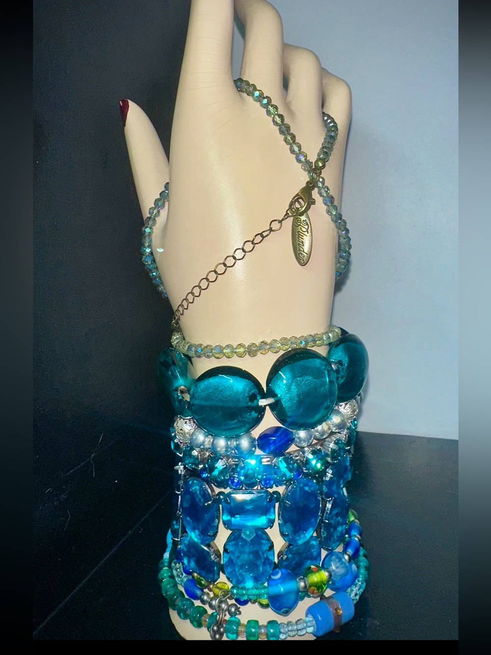 Plunder Design Jewelry Lot-Teal Aqua Blue Statement Bracelet Hand Chain Stack